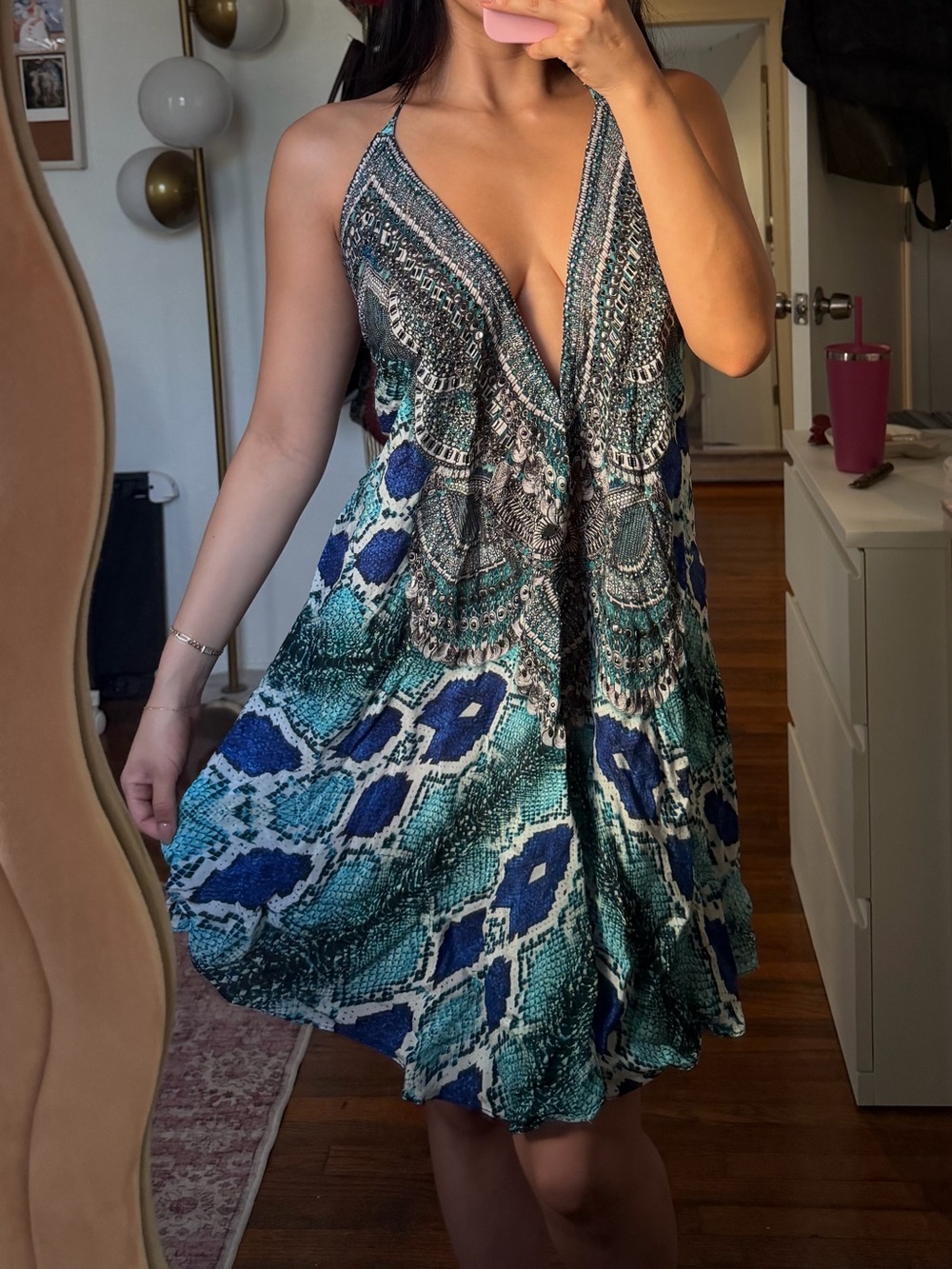 Turquoise Reptile Patterned V-Neck Teal Printed Mini Dress